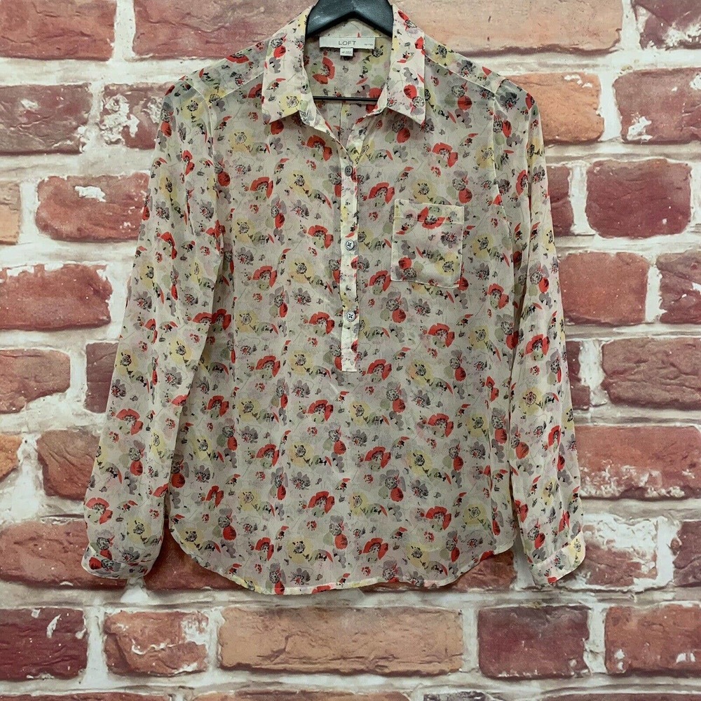 Ann Taylor Loft Top Women's Medium Petite Floral Abstract Sheer Pullover Blouse